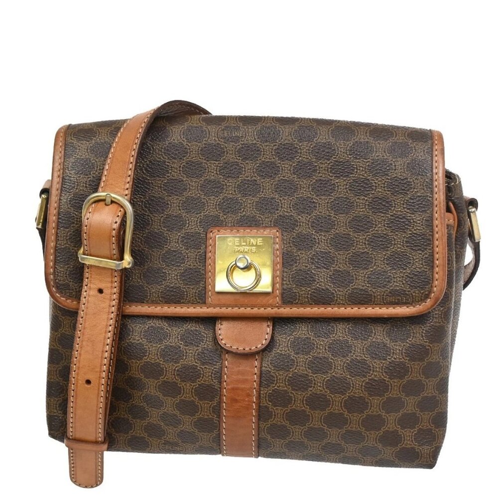 CELINE Logo Macadam Pattern Shoulder Bag PVC Leather Brown Italy GHW 30KC524